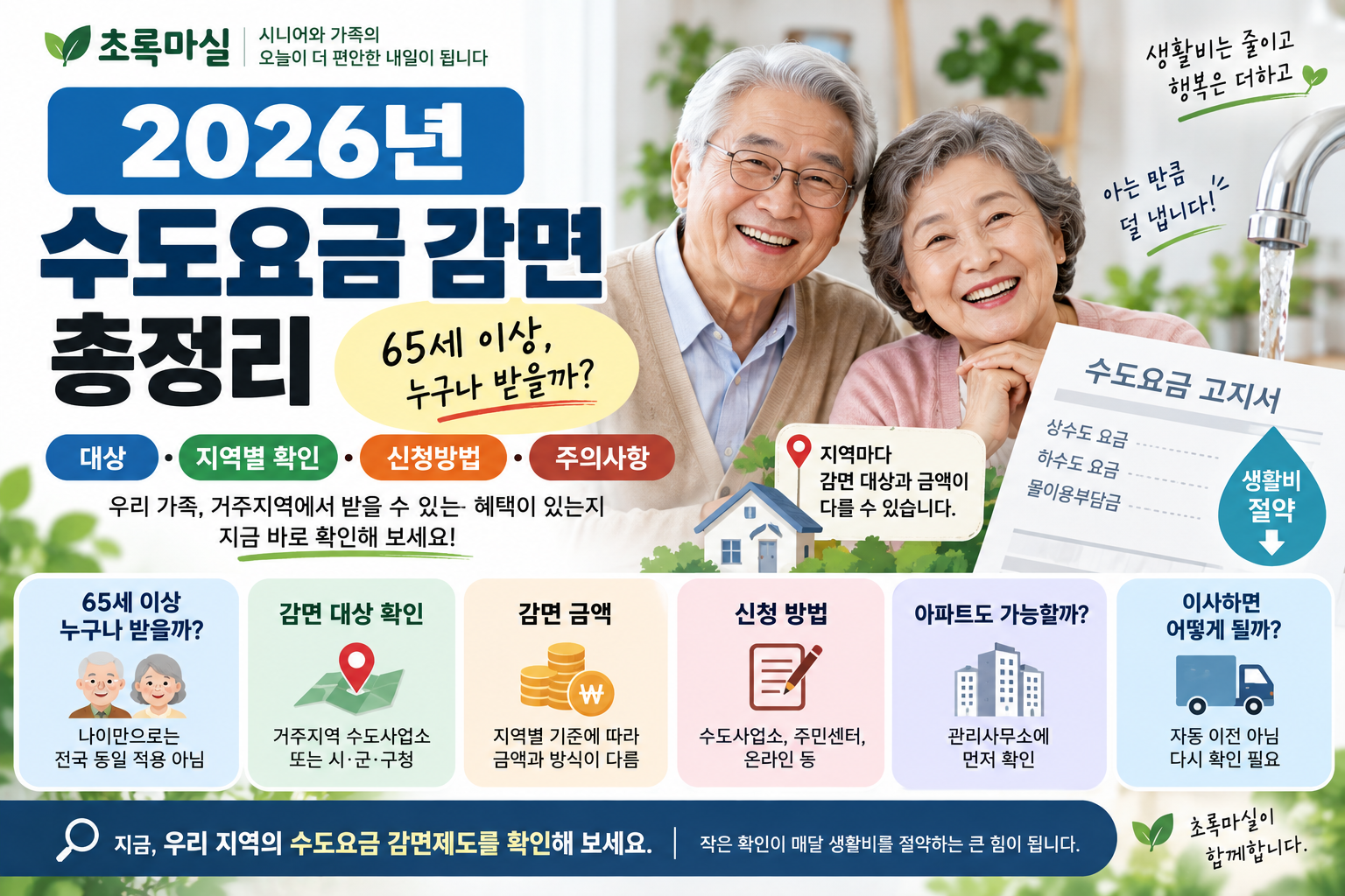 2026년 65세 이상 수도요금 감면 총정리 | 대상·지역별 확인·신청방법