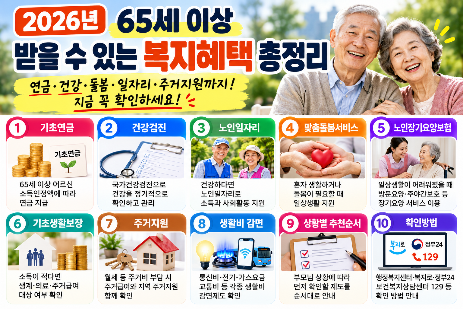 2026년 65세 이상 받을 수 있는 복지혜택 총정리｜연금·건강·돌봄·일자리